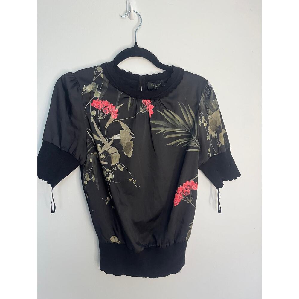 Ted Baker Floral Puff Sleeve Blouse Women Size 1 Black Red Tropical Top